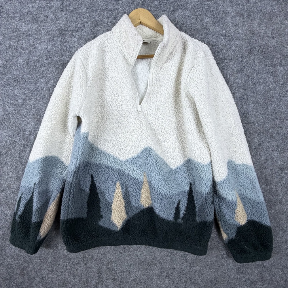Hoodies Fleece Sherpa Jacket Mens Medium Blue Ivory Mountain Graphic 1/4 Zip